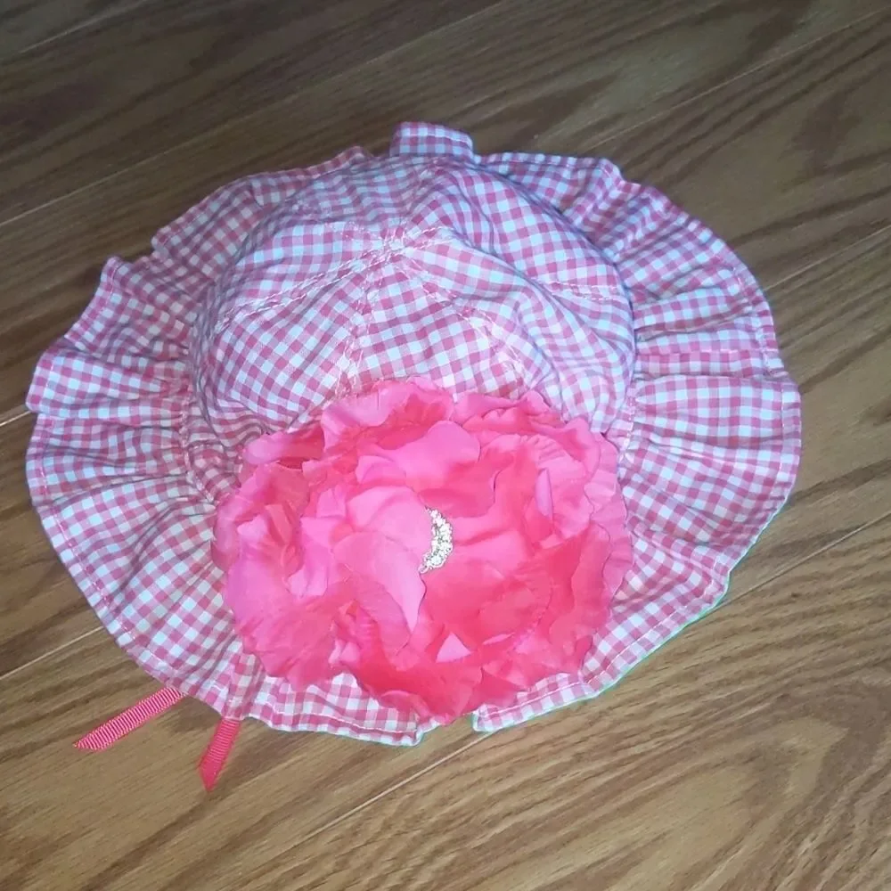 Mud Pie pink green gingham flower sunhat Sz 12m-2T